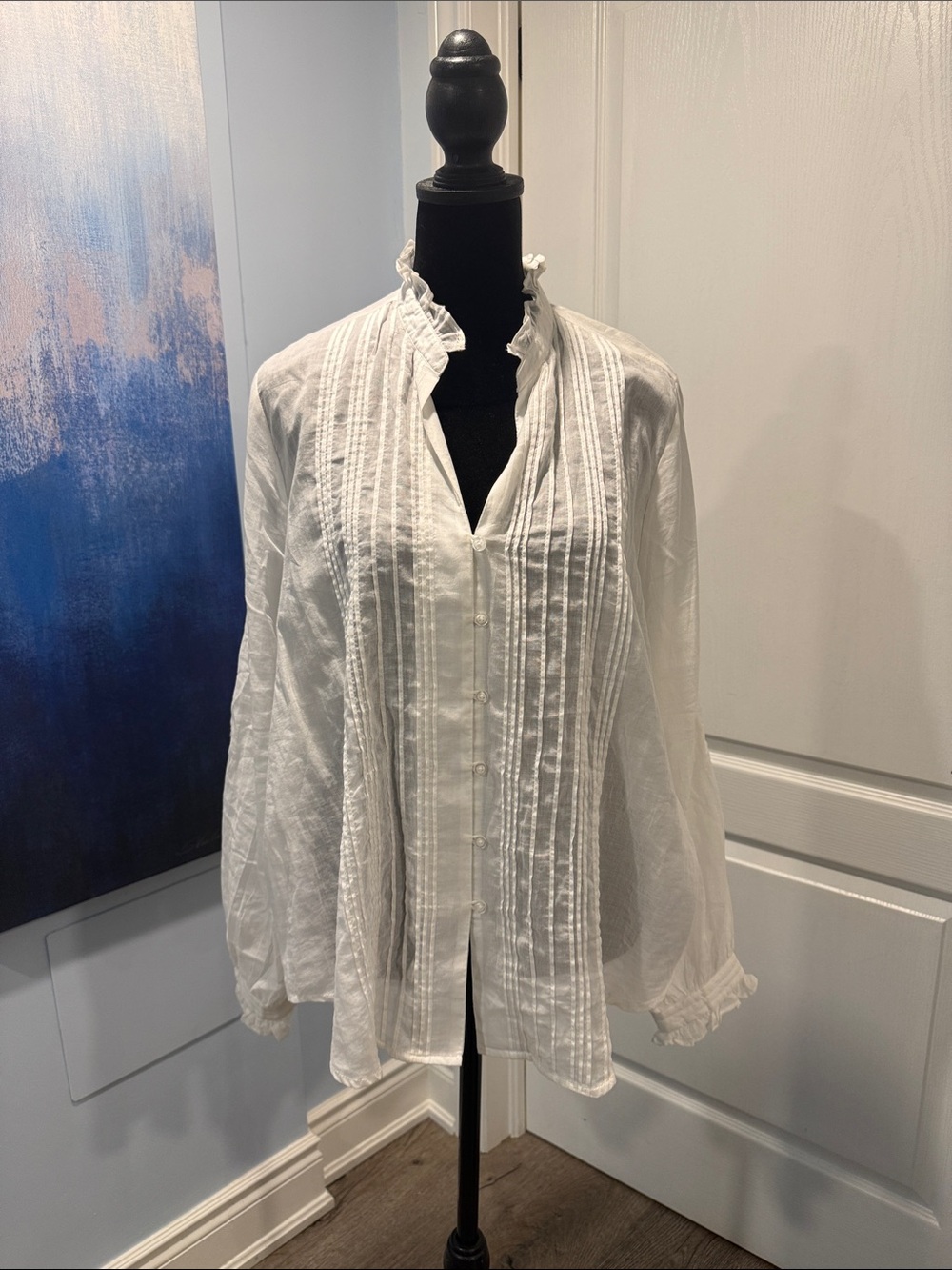 Buffalo David Bitton White Pintuck Ruffle-Trim Blouse